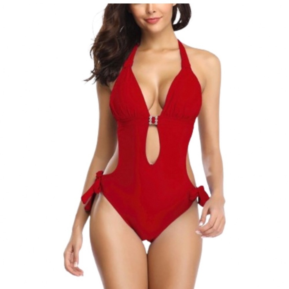 Elegant Red Halter Monokini -One-Piece Swimsuit-Rhinestone- Sexy-Size L